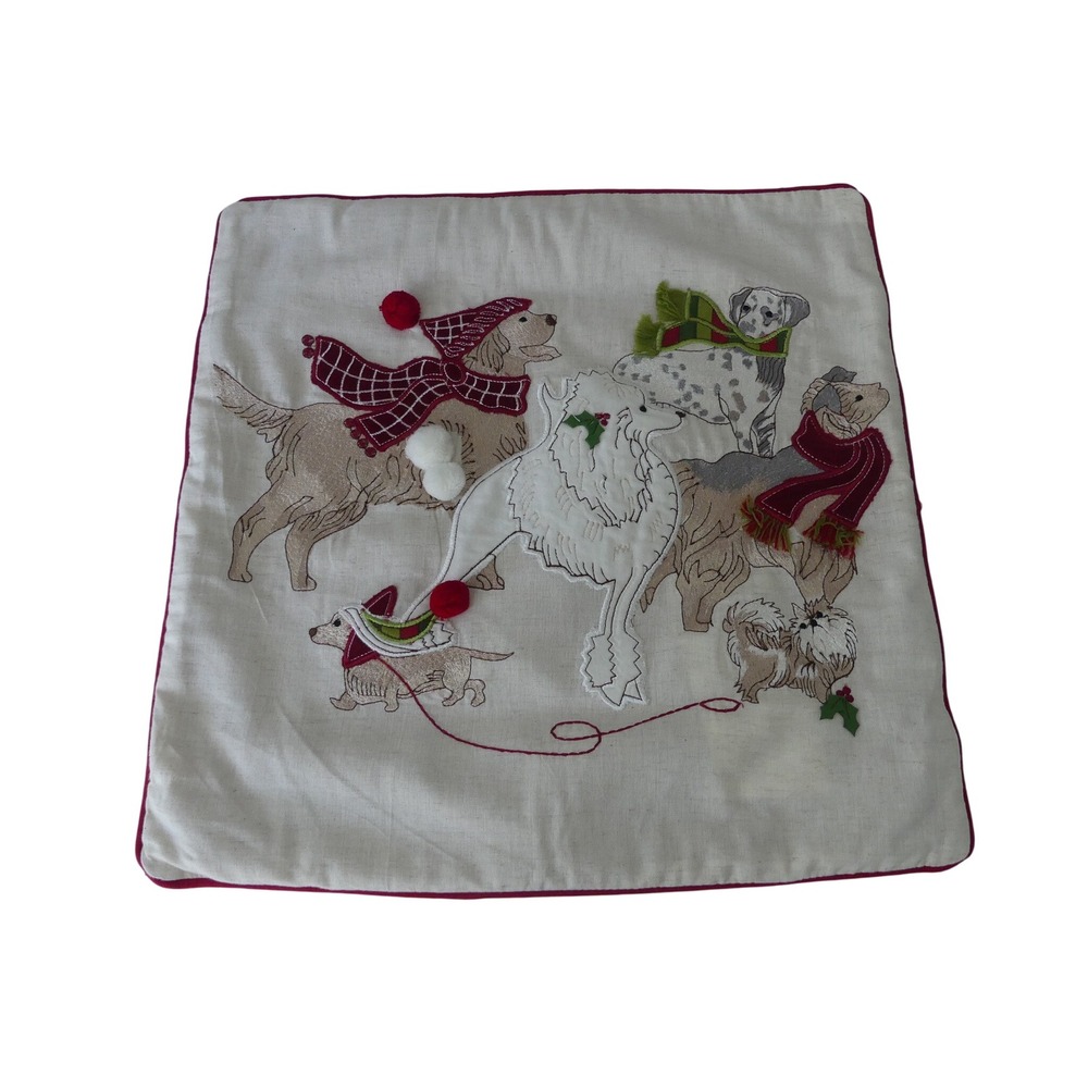 Pier 1 Imports Christmas Dogs Embroidered Throw Pillow Cover Red Cream 18x18